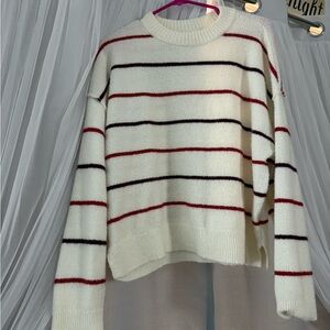 American Eagle Outfitters Cream Crewneck Sweater with Red & Black Stripes